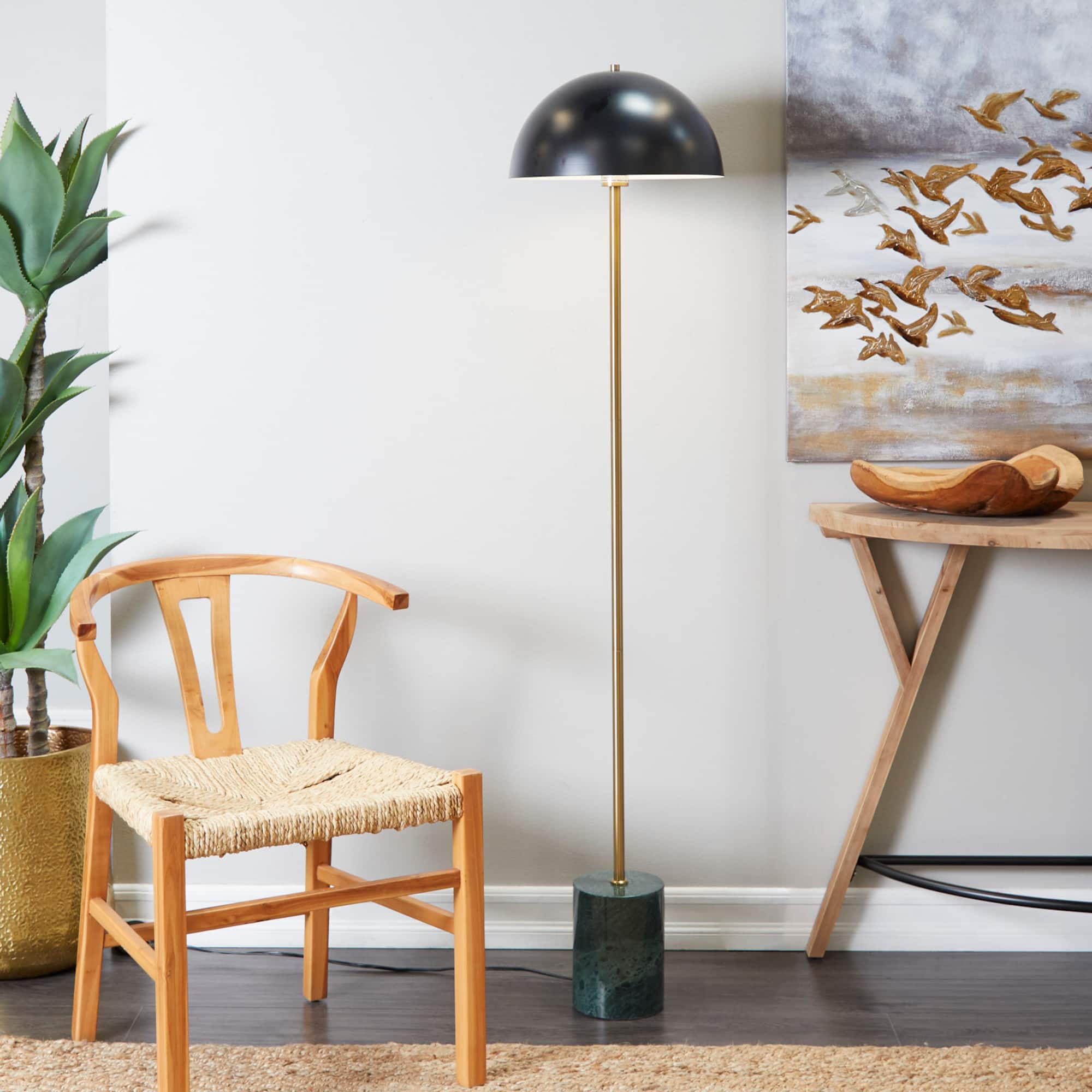 Black Metal Umbrella Style Floor Lamp with Marble Base 14" x 14" x 62"